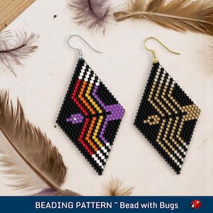 May include: A pair of beaded earrings with geometric designs. One earring features a black and gold design, while the other has a black, white, purple, orange, and yellow design. The earrings are hanging from silver and gold ear wires.