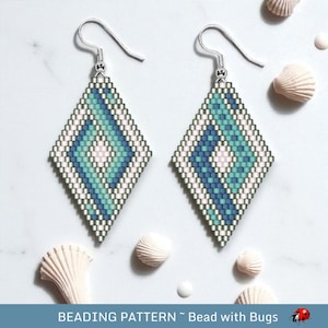 May include: A pair of diamond-shaped beaded earrings with a geometric pattern in shades of blue, teal, and white. The earrings have silver-colored hooks. The image includes seashells and the text "BEADING PATTERN ~ Bead with Bugs".