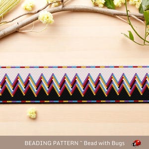 May include: A beaded pattern with a repeating zigzag design in black, red, yellow, blue, and white. The pattern is bordered by a row of small, colorful beads. The text "BEADING PATTERN ~ Bead with Bugs" is at the bottom.