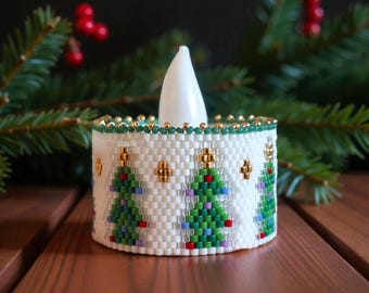 Peyote Stitch Beaded Tea Light Cover Pattern, CHRISTMAS TREES, PDF