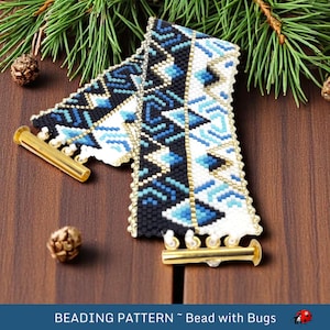 Peyote Stitch Beaded Bracelet Pattern by Bead with Bugs, Opposites Attract, geometric designed bracelet in blues with black and white, PDF