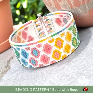 Peyote Stitch Beaded Bracelet Pattern by Bead with Bugs, Confetti, Bright and happy colours in a geometric design that you will love.