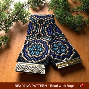 Peyote Stitch Beaded Bracelet Pattern by Bead with Bugs, Large Stained Glass Flowers on a moody background with gold, PDF