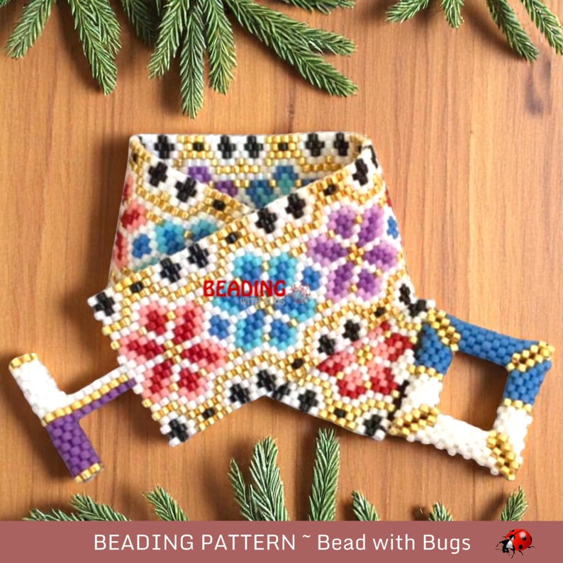 May include: A colorful beaded bracelet with a geometric pattern of flowers and squares. The bracelet is made with white, black, gold, blue, pink, and purple beads. The bracelet has a clasp made of blue and gold beads.