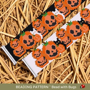 Schema per braccialetto di perline con punto peyote di Bead with Bugs, Jack O&#39; Lanterns con gatti, PDF