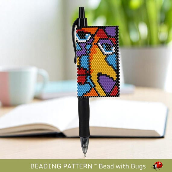 Peyote Stitch Beaded Pen Wrap, Abstract Art Pattern (Pilot G2)