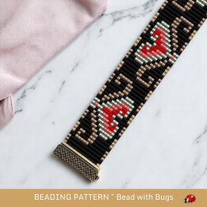 May include: A beaded bracelet with a black background and a repeating pattern of red and white shapes. The bracelet has a gold-coloured clasp. The text "BEADING PATTERN ~ Bead with Bugs" is at the bottom of the image.