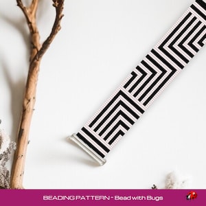 May include: A black and white beaded watch strap with a geometric pattern. The strap has a repeating chevron design in black against a light pink background. The text "BEADING PATTERN - Bead with Bugs" is at the bottom.