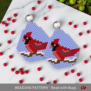 May include: A pair of beaded earrings featuring a cardinal bird design on a light blue background. The earrings are made with small, colorful beads and have a silver-toned hook.