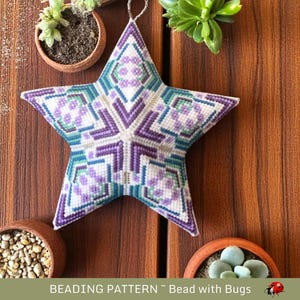 May include: A white star-shaped beaded ornament with a geometric pattern in shades of purple, green, and silver. The ornament is on a wooden surface with small potted plants.