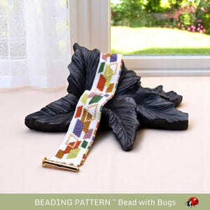 Peyote Stitch Beaded Bracelet Pattern by Bead with Bugs, Simply Squared, dusky colours in a geometric design on a white background, PDF