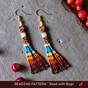 May include: A pair of beaded earrings with a colorful geometric pattern. The earrings are made with small, colorful beads and have a fringe-like design at the bottom. The earrings are hanging from gold hooks.