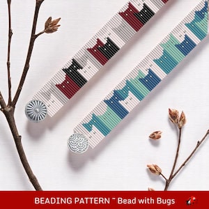 May include: Two beaded bracelets with a repeating pattern of stylized cat figures in black, burgundy, and various shades of blue and green. The bracelets have silver-colored clasps. The image includes the text "BEADING PATTERN ~ Bead with Bugs".