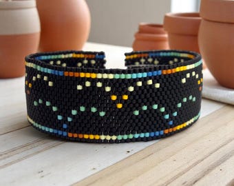 Peyote Stitch Beaded Bracelet Pattern, Abstract Birds, Black (PDF)