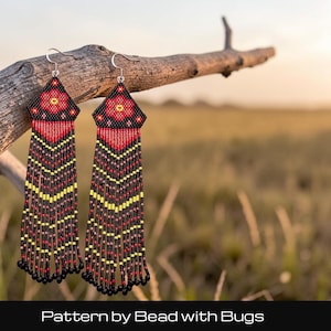 May include: A pair of long, dangling earrings crafted from small seed beads in black, red, and yellow. The top section features a floral motif, while the lower portion consists of multiple vertical beaded fringe strands ending in black beads.