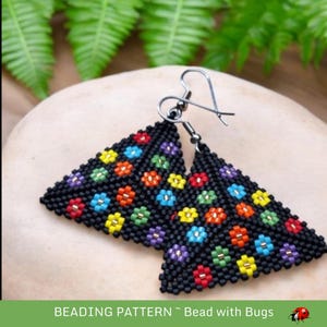 May include: A pair of black triangle-shaped earrings with colorful beaded flowers. The earrings are made with black seed beads and feature a variety of colors, including red, orange, yellow, green, blue, and purple.