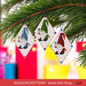 Beaded Brick Stitch Ornament Pattern by Bead with Bugs, Gnomes, Tree Ornaments or purse charms, PDF, 3 patterns