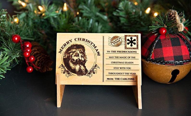 Merry Xmas Greeting Card Unique Christmas Gift Personalized Wooden Christmas Postcards Custom Engraved Holiday Card With Family Name