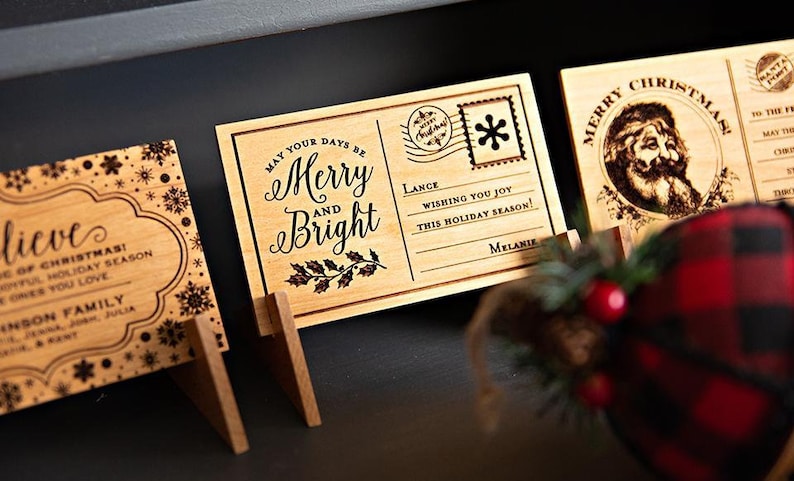 Merry Xmas Greeting Card Unique Christmas Gift Personalized Wooden Christmas Postcards Custom Engraved Holiday Card With Family Name