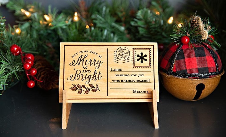 Merry Xmas Greeting Card Unique Christmas Gift Personalized Wooden Christmas Postcards Custom Engraved Holiday Card With Family Name
