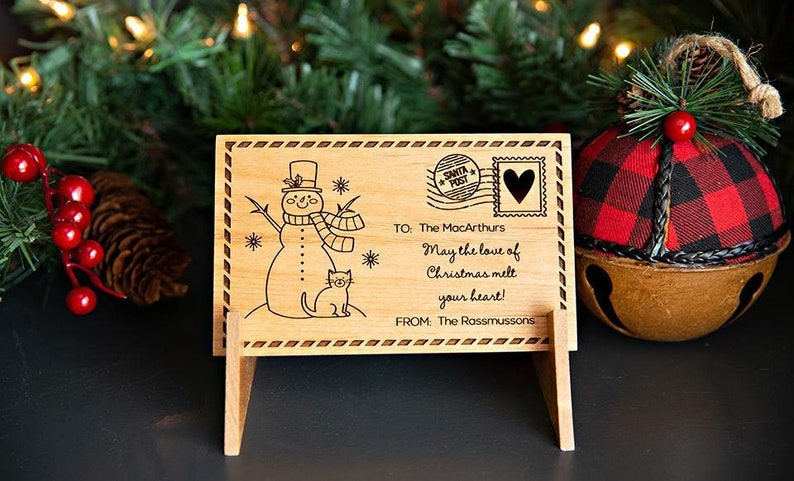 Merry Xmas Greeting Card Unique Christmas Gift Personalized Wooden Christmas Postcards Custom Engraved Holiday Card With Family Name
