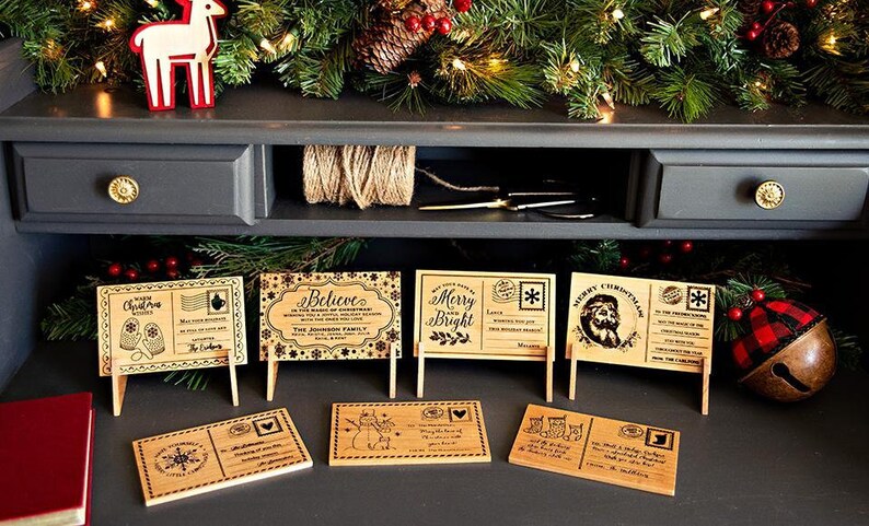 Merry Xmas Greeting Card Unique Christmas Gift Personalized Wooden Christmas Postcards Custom Engraved Holiday Card With Family Name