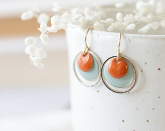 Earrings enamel, gold filled dangles, hoops orange light blue