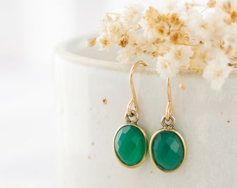 Green earrings, Onyx gold fill dangles, dark green gemstone earrings