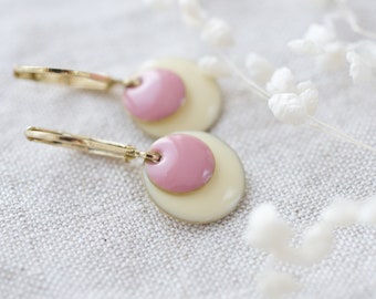 Enamel earrings vintage offwhite rose, disc dangles blush, pendants