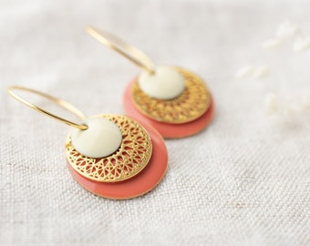 Hoop earrings peach gold, golden Mandala disc dangles, light coral ivory enamel pendants