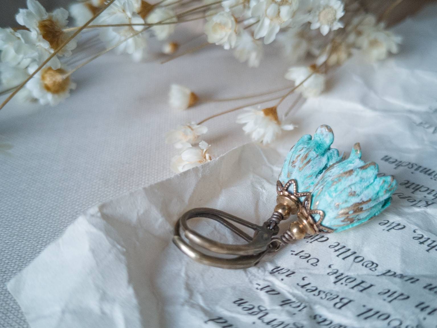 Ohrringe vintage Tulpe aqua grüne Patina türkis rustikale Boho | Etsy