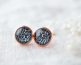 Boucles d’oreilles Or rose, motif Jaguar noir blanc, clous, 10 mm