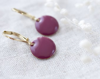 Enamel earrings eggplant, dangles round disc burgundy violet