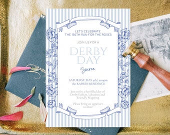 May include: A Derby Day Soiree invitation with a blue and white striped design. The invitation features floral and ribbon embellishments. Text includes details for the event: "Let's Celebrate the 150th Run for the Roses", date, time, and location.
