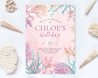 Seashore Watercolor Birthday Invitation, Under the Sea Birthday Digital Template, Coastal Birthday, Coral, Seashells, Ocean, Pink, Coastal