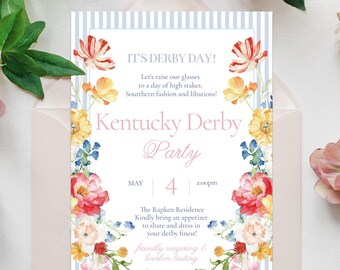 May include: A rectangular Kentucky Derby party invitation card featuring a light blue and white vertical striped border, decorated with watercolor floral arrangements in red, yellow, and blue. The text reads: IT'S DERBY DAY! Kentucky Derby Party, May 4, 2:00pm.