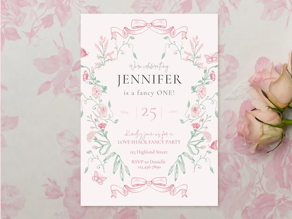 Love Shack Fancy Birthday Invitation, Fancy One Birthday, Floral Wreath, High Tea Party, Editable Digital Template INSTANT DOWNLOAD