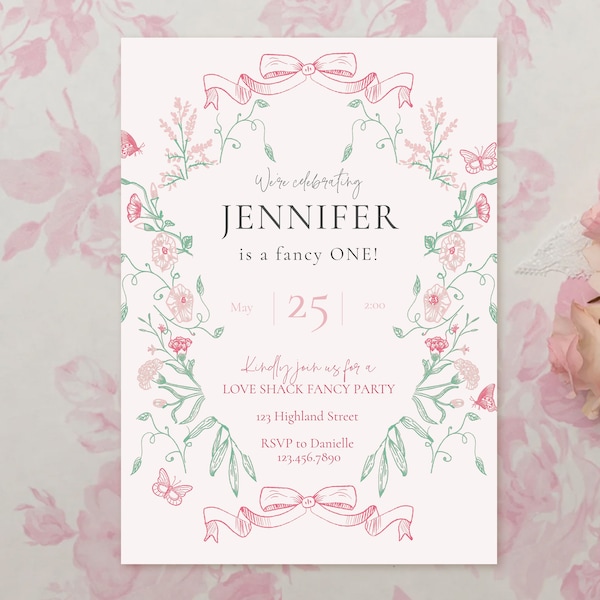 Love Shack Fancy Birthday Invitation, Fancy One Birthday, Floral Wreath, High Tea Party, Editable Digital Template INSTANT DOWNLOAD