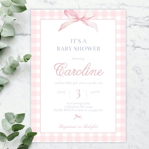Preppy Pink Bow Baby Shower Invitation, Baby Shower Digital Template, Classic Baby Girl Shower, Bow Shower Invitation, Baby Girl, Pink