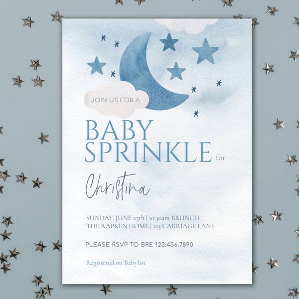 Watercolor Moon Baby Sprinkle Invitation, Baby Sprinkle Digital Template, Over the Moon Baby Shower, Twinkle Twinkle Little Star, Sprinkle