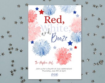 4th of July Party Invitation, Red White and Booze, Fourth of July BBQ, 4th of July Pool Party, Editable Digital Template INSTANT DOWNLOAD