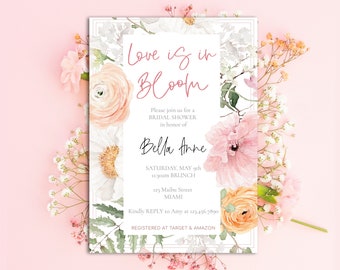 Invitación de despedida de soltera floral acuarela romántica, plantilla digital de despedida de soltera, despedida de soltera de flor pastel, flores de primavera verano
