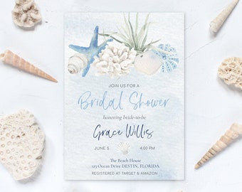 Seashore Watercolor Bridal Shower Invitation, Bridal Shower Digital Template, Florida Bridal Shower, Beach, Seashells, Ocean, Nautical