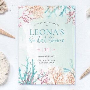 Seashore Watercolor Bridal Shower Invitation, Bridal Shower Digital Template, Florida Bridal Shower, Beach, Seashells, Ocean, Coral