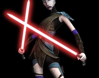 May include: A female character with a bald head and purple eyes is holding two red lightsabers in a crossed position. She is wearing a brown and blue outfit with purple leggings and black boots.