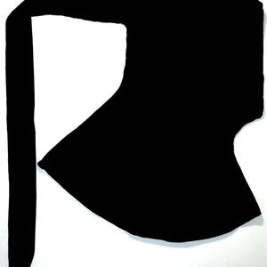 May include: Black silhouette of an axe with a long handle. The axe is on a white background.