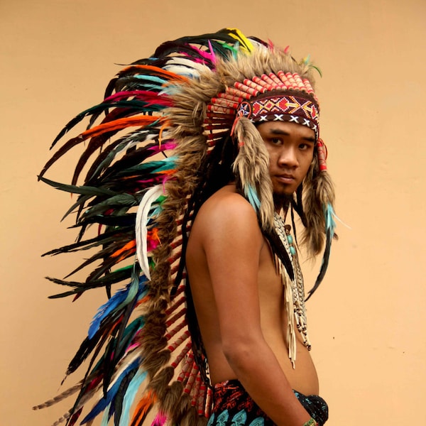 Réplique de coiffe indienne, plumes multicolores, longue
