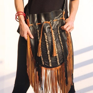 Boho leather bag, black leather bag with tan fringes and black and natural choker, fringe leather purse, large size