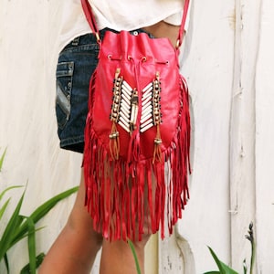 Boho fringe leather bag, red leather purse, medium size
