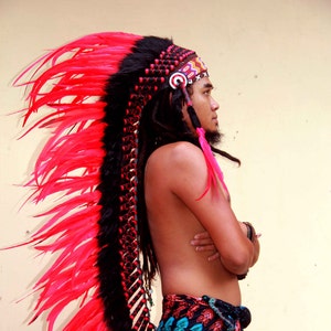 indian headdress replica, long length red feathers image 1